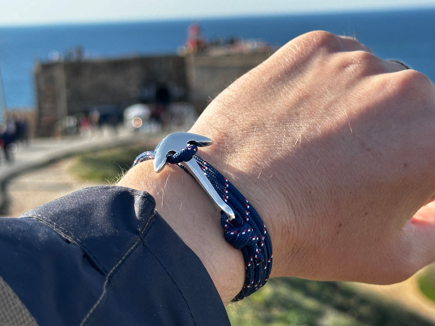 Navy Stripe & Silver Anchor Bracelet
