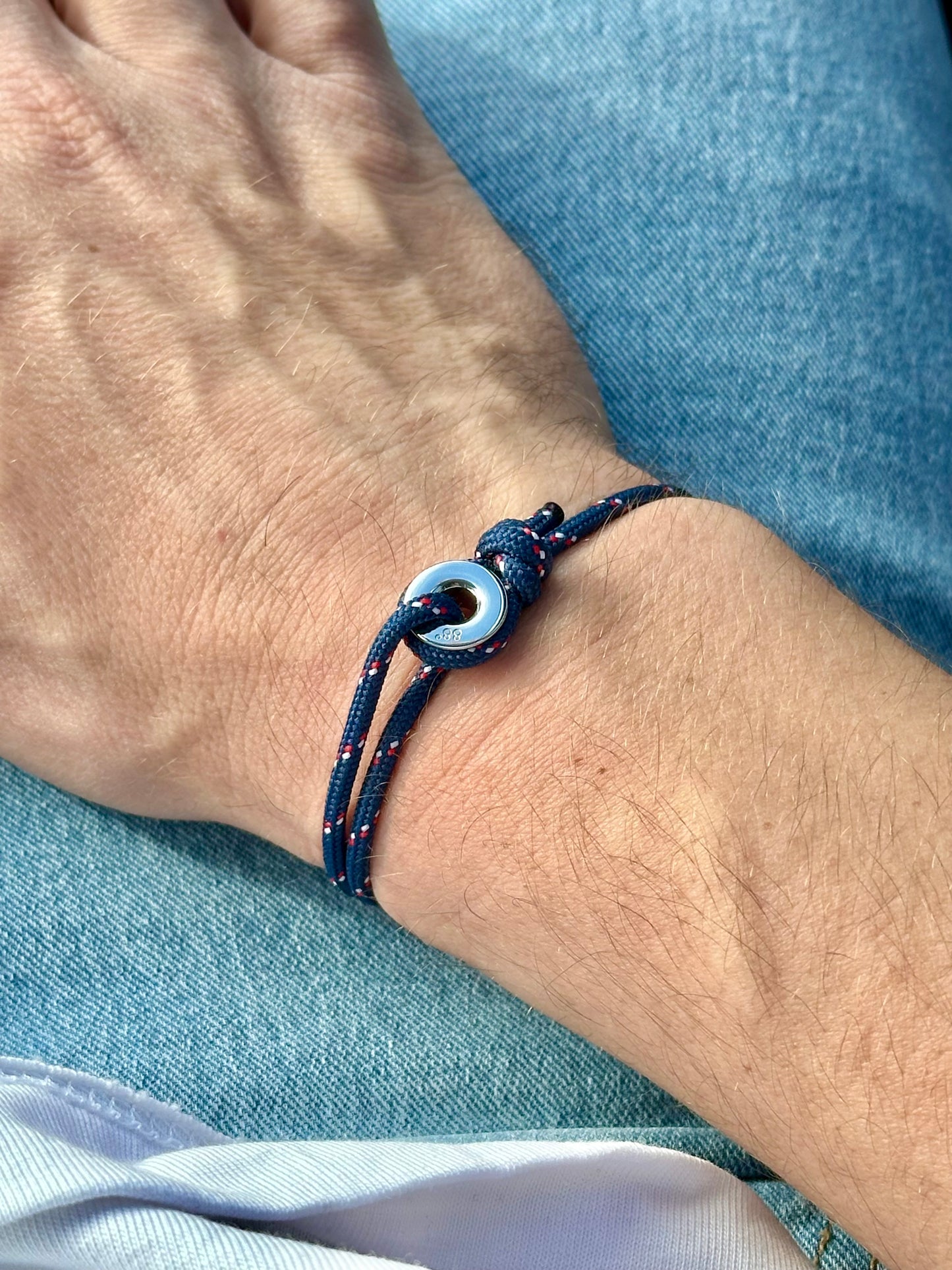 Navy Stripe & Silver Sailing Thimble Bracelet